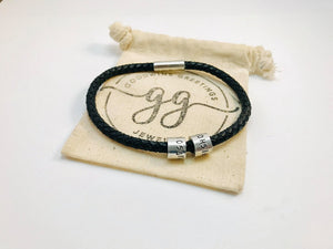 Unisex Leather Bracelet with TWO Name Beads
