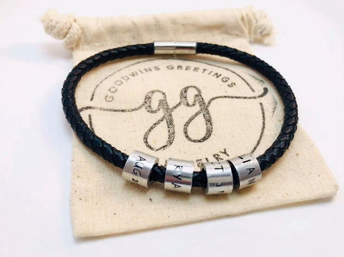 Unisex Leather Bracelet with THREE Name Beads